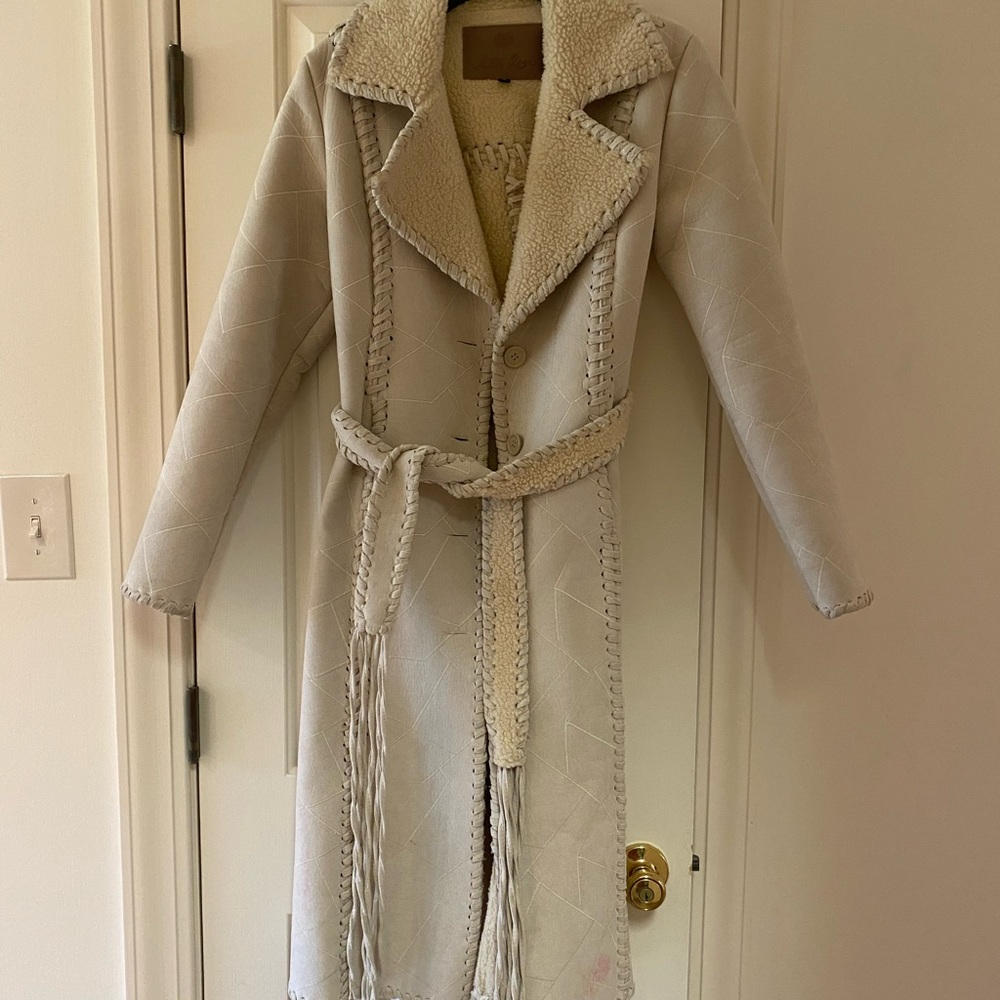 Cream Suede Penny Lane style trench coat lined mohair with fringe tie